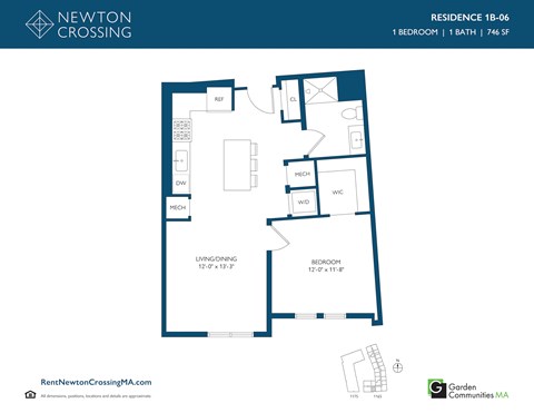 Floor plan for 1 bed, 1 bath, 746 sqft